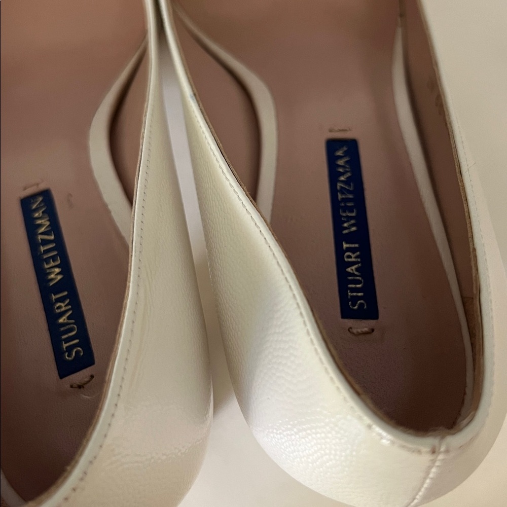 STUART WEITZMAN Laney Pointed Toe Block Heel Pebbled Leather Pumps Ivory 8 - Picture 6 of 9